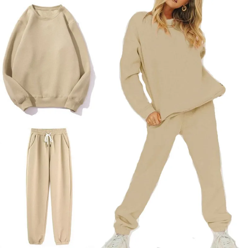 

Tracksuit Women Solid Casual Sports 2 Pieces Set Sweatshirts Pullover Hoodies Suit Winter 2020 Home Sportswear Pant Sports Suit