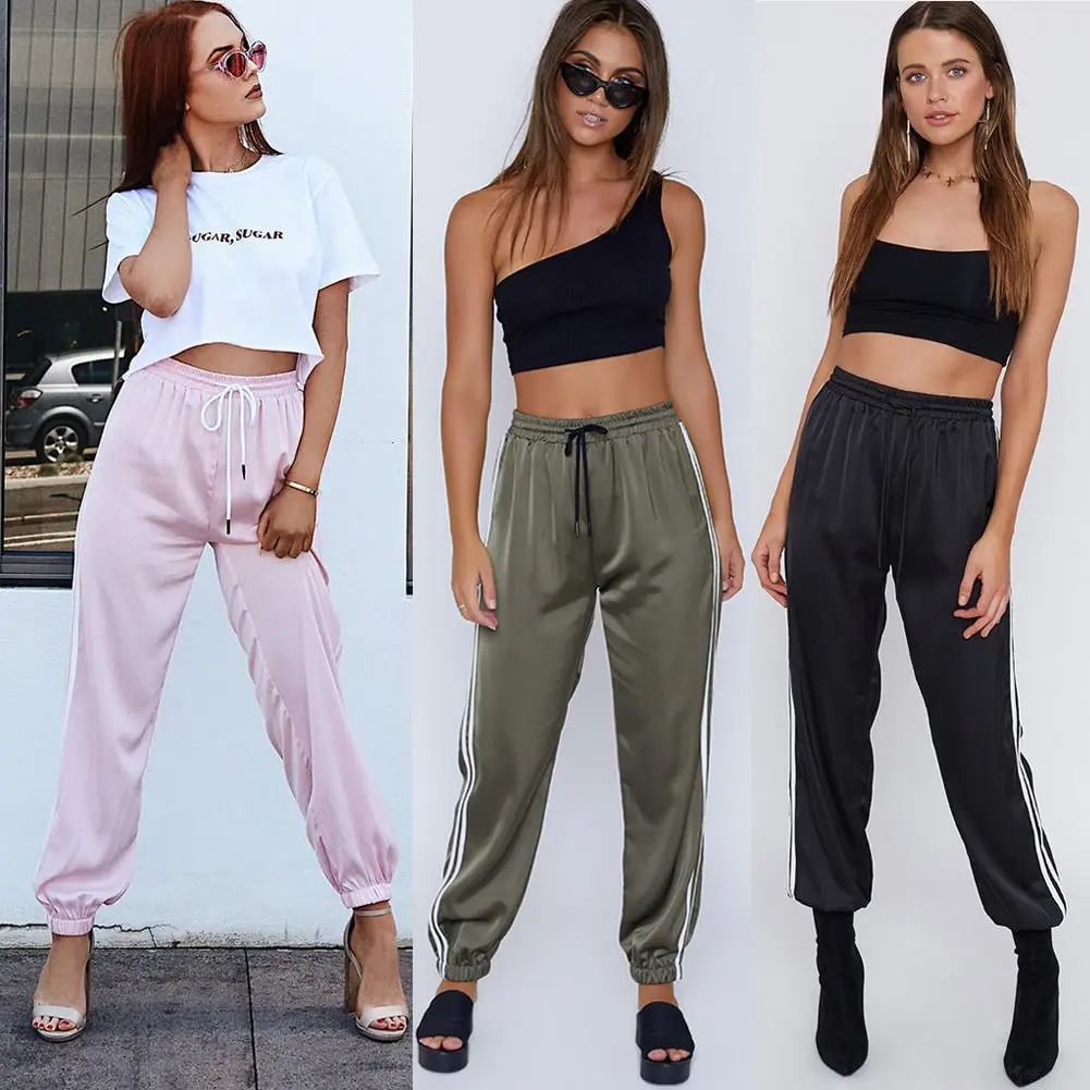 

Meihuida Autumn Women Casual Harem Loose Pants Hip Hop Cool Girls Striped Side Pants Dance Elastic Trousers