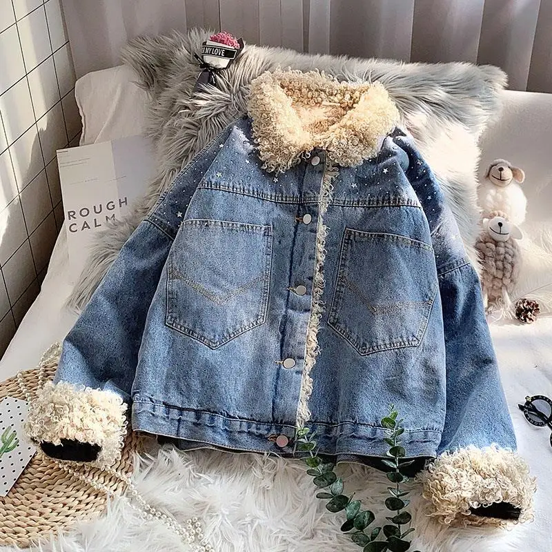 

Lamb Cashmere Denim Short Jacket Women Loose Autumn And Winter 2021 New Style Thickening Students Clothing