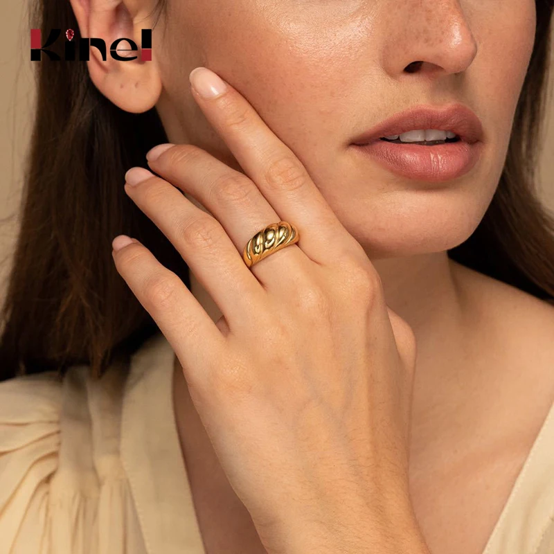 

Ювелирные изделия Kinel 100% 925 пробы Серебряное кольцо для женщин INS минималистичное Открытое кольцо с неправильной волной из серебра 18 К золот...
