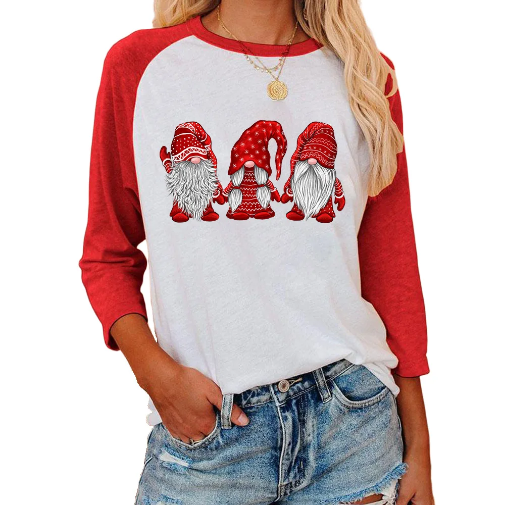 

Women's Top Christmas Santa Claus Print Crew Neck Three Quarter Sleeve T-Shirt