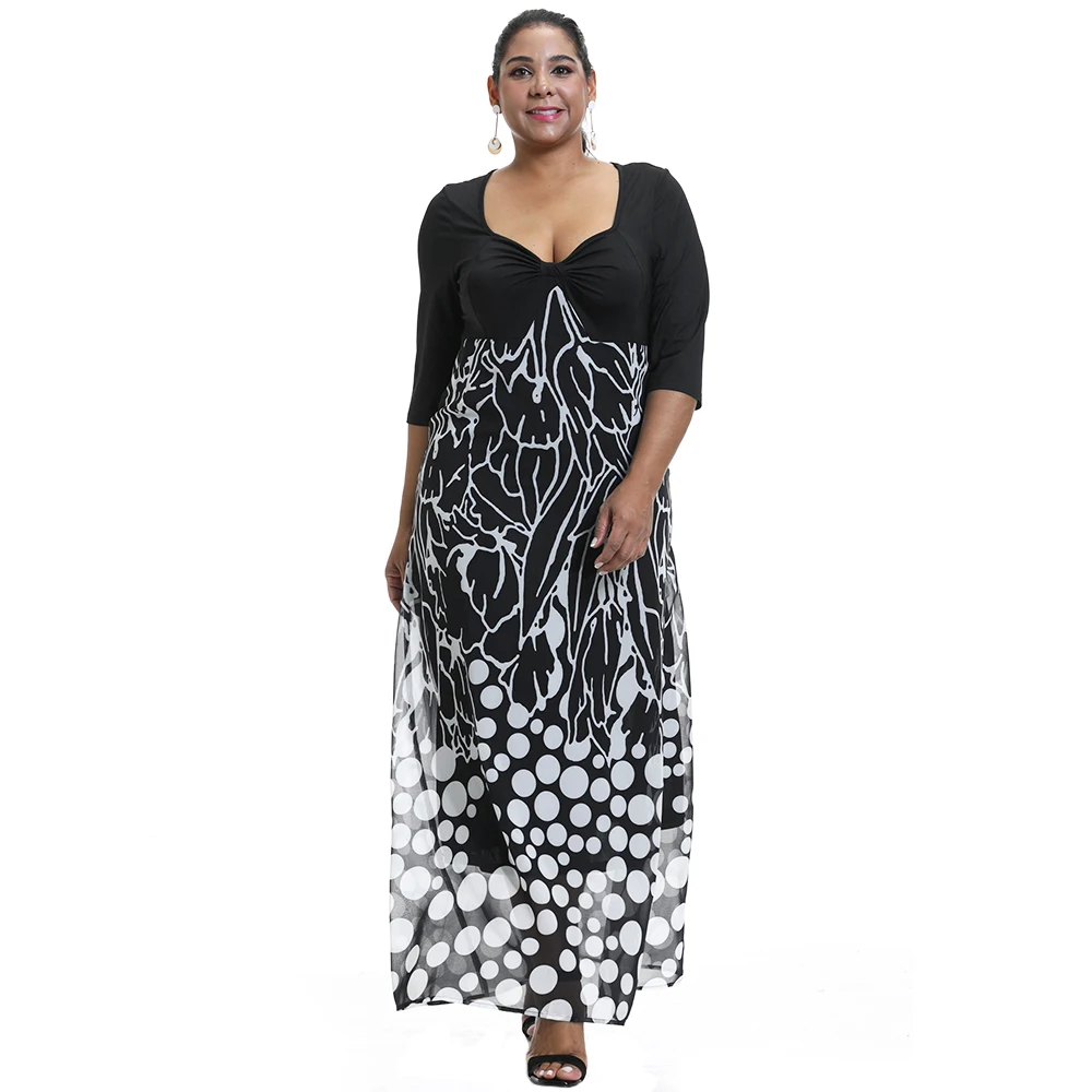 Женское платье размера плюс весеннее длинное в горошек элегантные женские