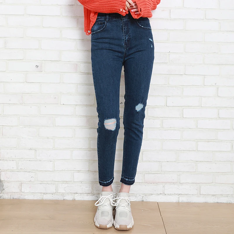 Осень зима женские джинсовые узкие брюки стрейч Высокая талия вымытые синие