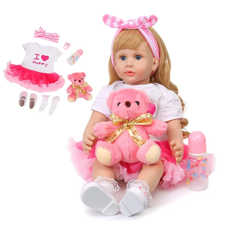 

Элегантные куклы Новорожденные, 58 см, мягкие виниловые модные розовые тканевые тела, силиконовые принцессы с длинными завитками, золотые во...