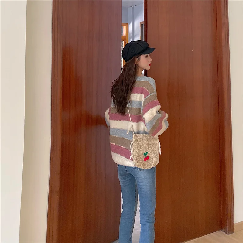 Новинка 2020 года пуловер в радужную полоску с круглым вырезом простой вязаный