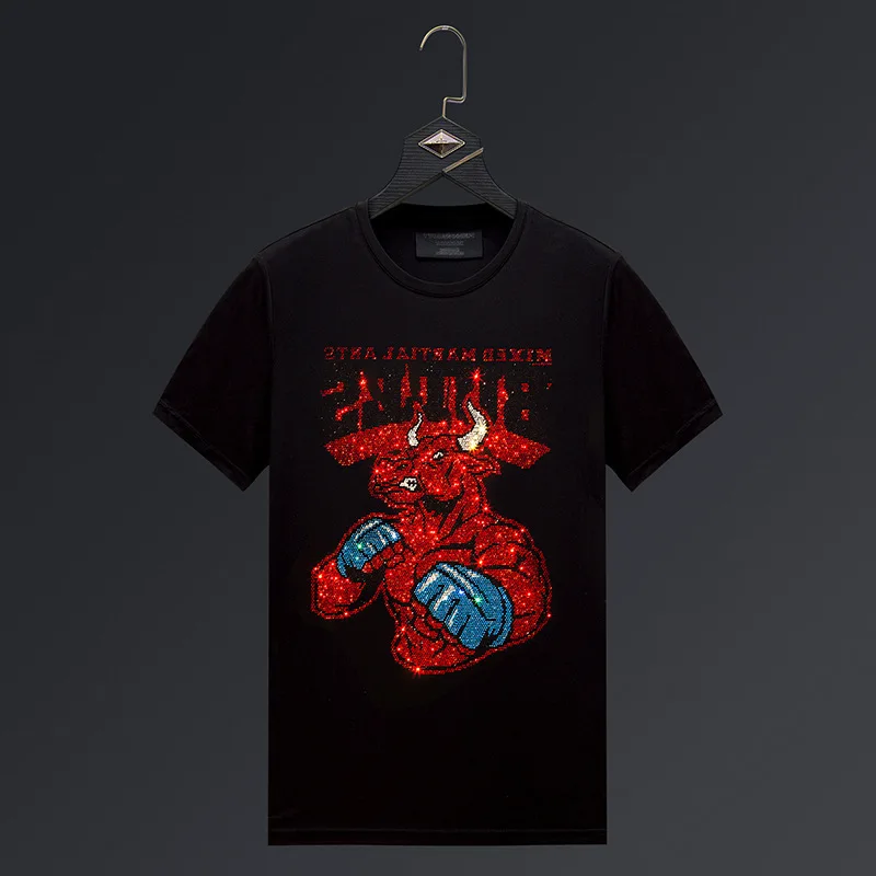 

Bull 2021 Red Rhinestones T Shirts Mens Fashion Streetwear Clothing Mercerized Cotton Short Sleeve O Neck Tshirts Plus Size 6XL