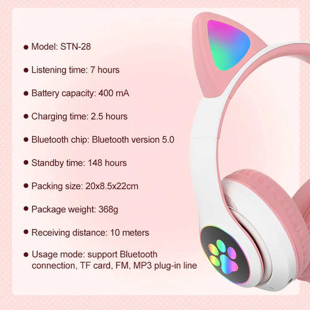 

Wireless Headset Bluetooth Headphones HiFi Subwoofer Folding Colorful Cat Ear Headset with RGB Light for Live Music Game Girls