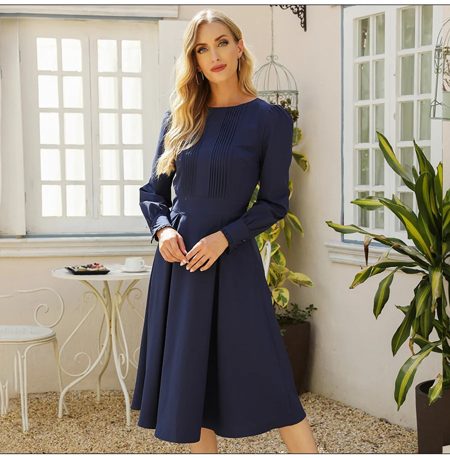 

SHEYIJUN Women Vintage Solid Color Winter Dress Elegant Green Long Sleeve Pleated Midi Vestidos 2021 Autumn Casual Dresses