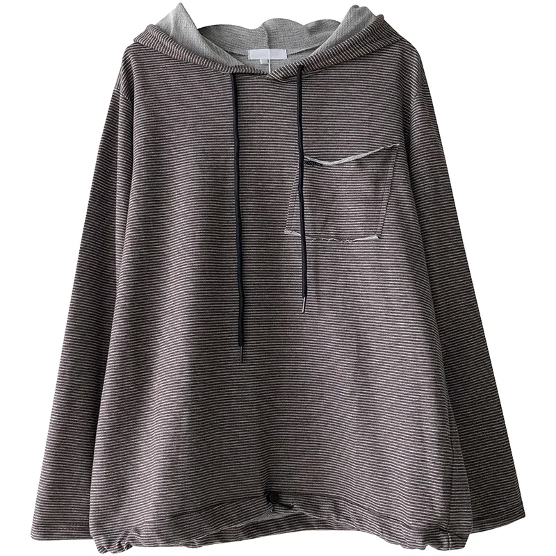 Autumn Casual Women Stripe Shirt Cotton Hooded Long Sleeve Spring Thin Pockets Loose Female Fashion Blouse YoYiKamomo