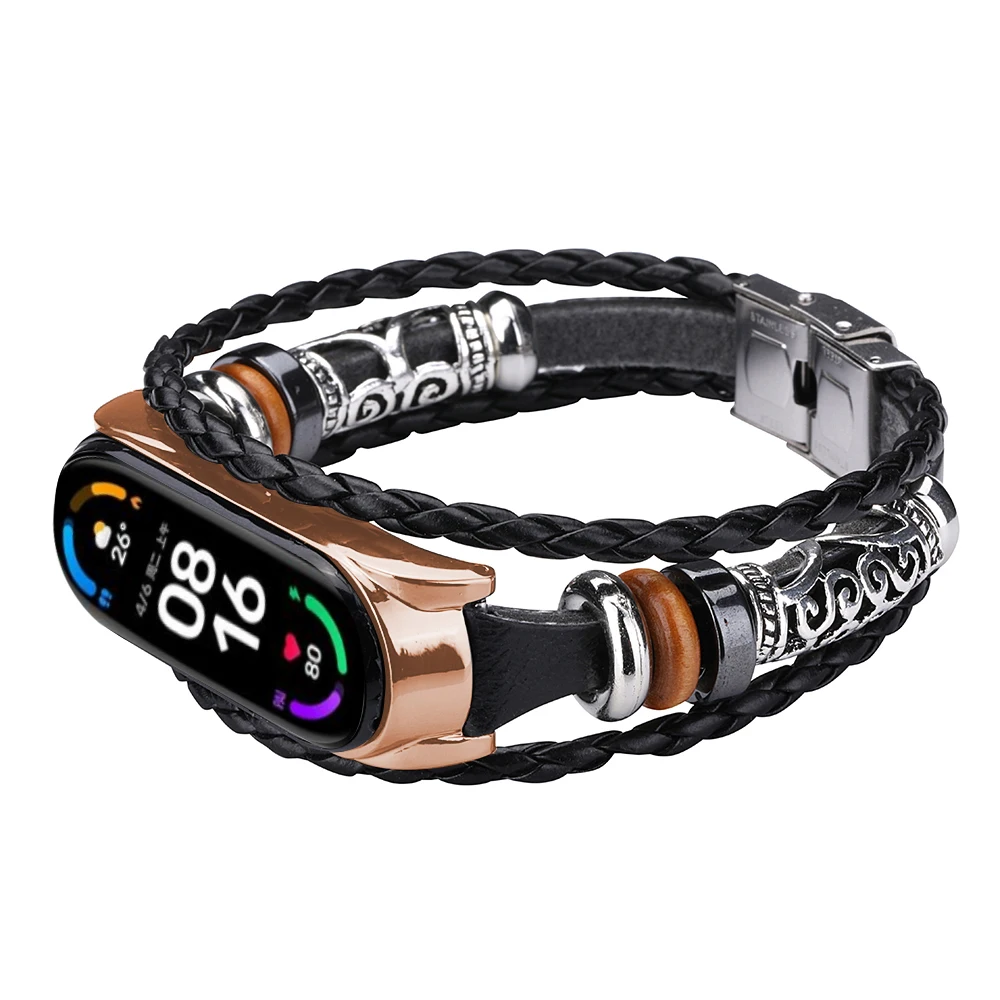 Модный кожаный браслет Mi Band 6 5 с бисером для xiaomi mi band винтажный сменный ремешок mix