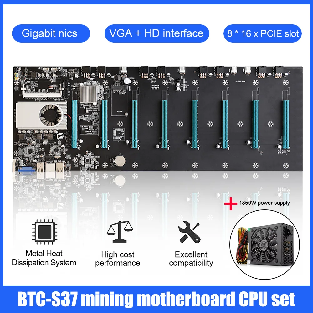 

BTC-S37 Mining Machine Motherboard Set 8 Graphics Card Slot+1850W Power Supply+4G/8G DDR3+8Pin Power Cable+128G mSATA SSD