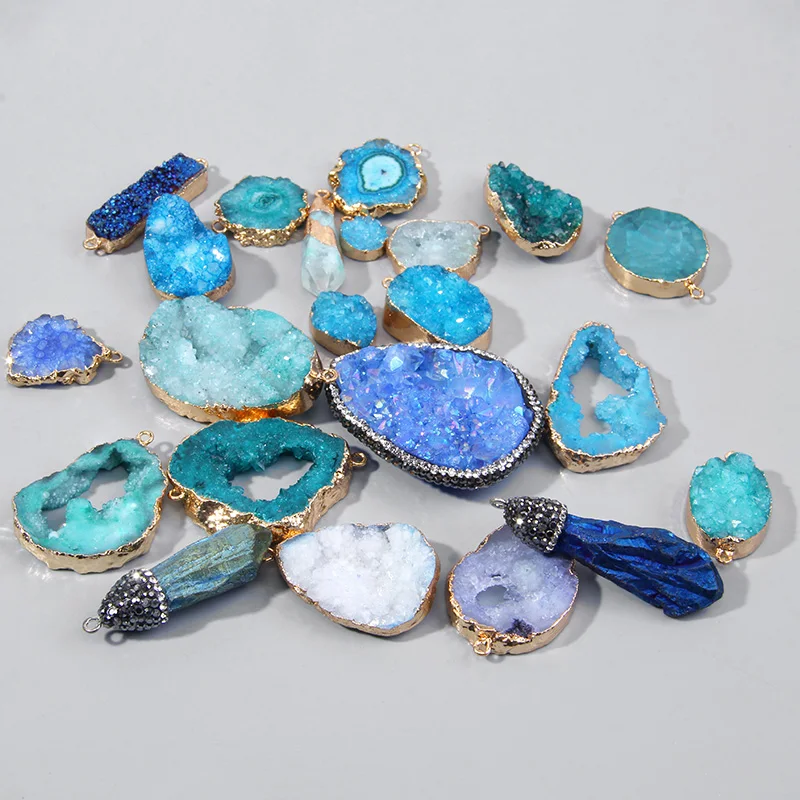 1PC Natural Blue Druzy Stone Pendant Connecter Metal Mineral Specimen Crystal Agates Slice Charm Geode Rough For Jewelry - купить по
