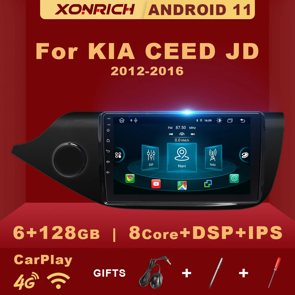 Мультимедийная Автомобильная магнитола Carplay 8 ядер 6 ГБ 128 2 Din Android 11 для KIA CEED JD Ceed