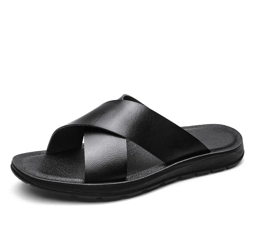 

Summer Couples Men Fashion Trend Leather Flip Flops Home Slippers Non-Slip Beach Shoes Sewing Cool Student Clip Outside Slides