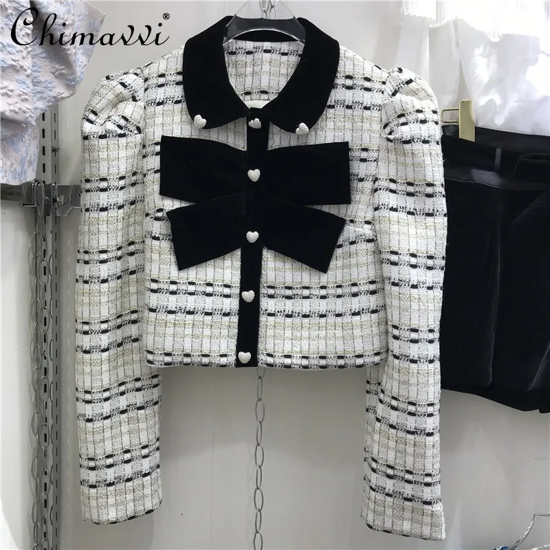 

Fashion Women's Bow Patchwork Tweed Coat 2021 Autumn New French Style Puff Sleeve Diamond-Embedded Heart Buckles Short Top