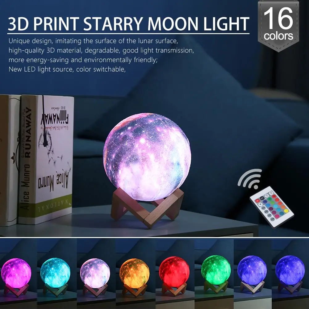 

16 видов цветов 3D принт с изображением Луны и звезд, лампы Красочный изменить сенсорный контроль спальня USB LED ночник Творческий Galaxy светильн...