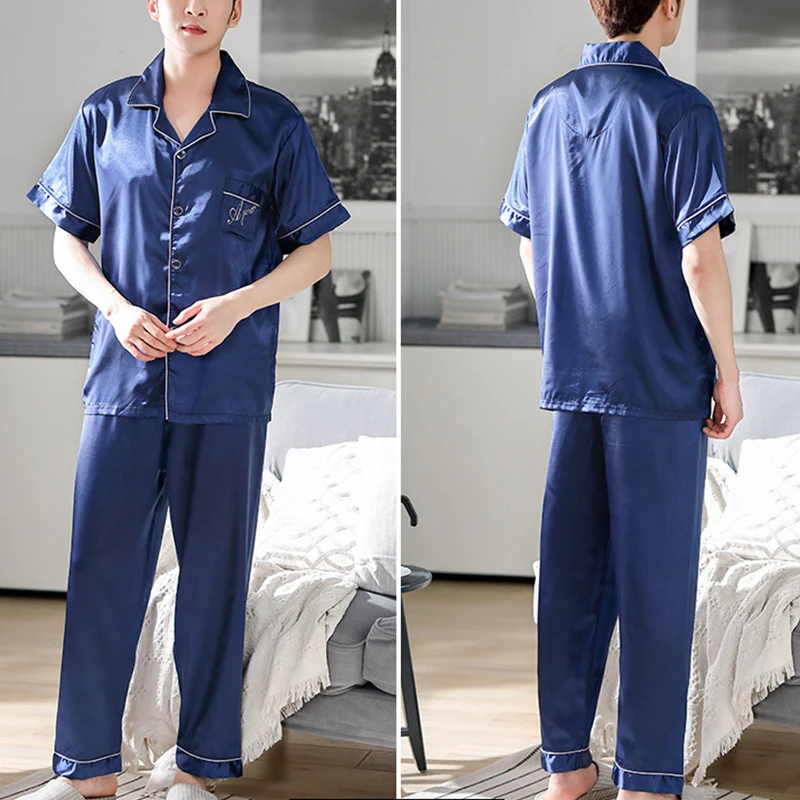 Пижамный комплект для мужчин из высококачественного атласа пижамы для сна, ночное белье, нижнее белье в полоску с принтом на каждый день; Се... от AliExpress WW