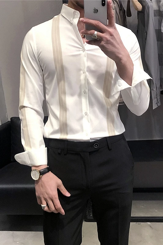 

New Spring 2021 Striped Shirts for Men Slim Long-sleeved Casual Shirt Male Formal Business Dress Blouse Streetwear Chemise Homme