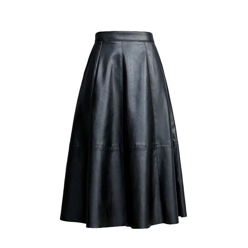 

DUOFAN 2021 New Spring Autumn Faux Leather Mi-long Skirt Real Sheepskin High Waist Vintage A-line Umbrella Skirts DF0027