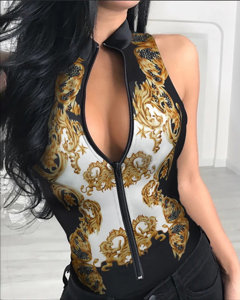 

New Summer Women Zipper Front Solid Sleeveless Rompers Bodysuit Plunge Sleeveless Sexy Slim Solid Playsuit