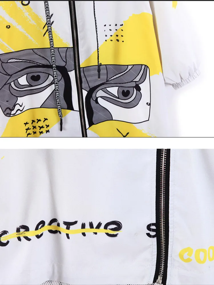 

Cartoon avatar Hooded outerwear Oversized loose hip hop coat Patchwork thin summer jacket women streetwear zipper women jacket