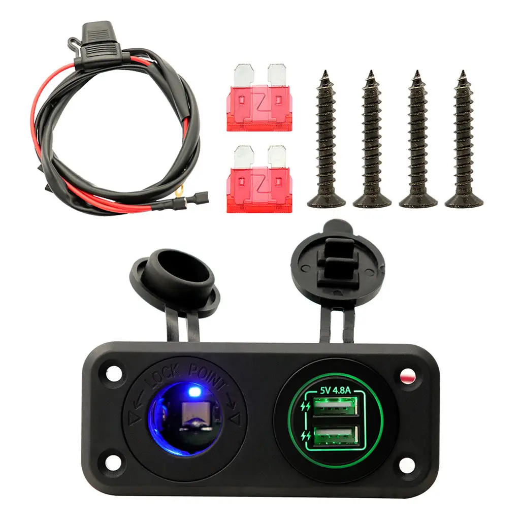 

Dual USB Socket Panel with Screw Waterproof Power Socket Adapter Kit Dual USB Ports for 12V-24V Car Boat RV, Green LED Lights