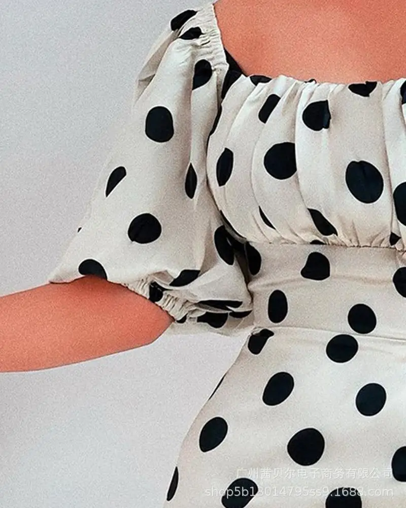 

Mandylandy Office Lady Sexy Spring Summer Lantern Sleeve Square Collar Corset Pencil Dress Women Elegant Dot Print Bodycon Dress