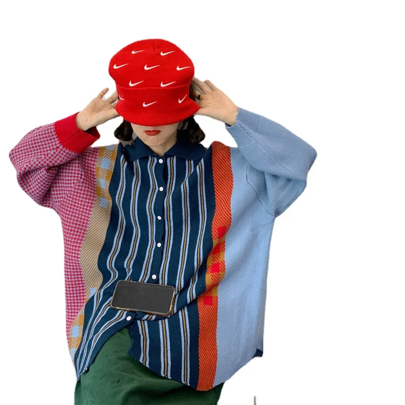 

New Winter Vintage Women Sweater Harajuku Casual Color Matching Cardigan Female Fashionable Oversized Knitted Jacket Mujer