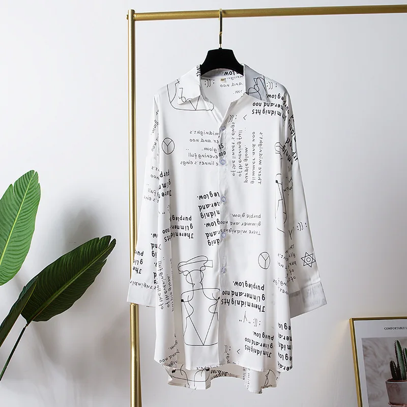 Принт ночная рубашка сатиновая Пижама Для женщин сексуальная свободное Дамское