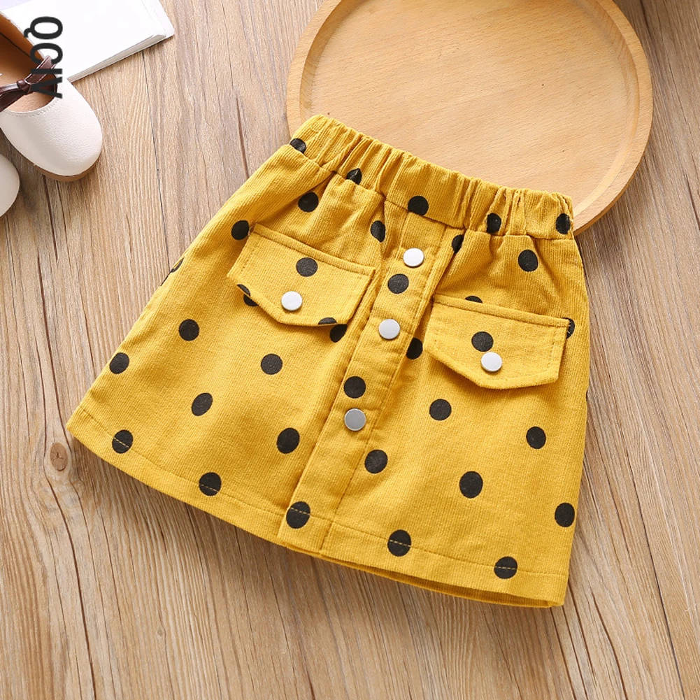 

Baby Kids Toddler Bay Girl Mini Skirt Casual Elastic Waist Polka Dots Print Button Front A-Line Skirt 4-8Years