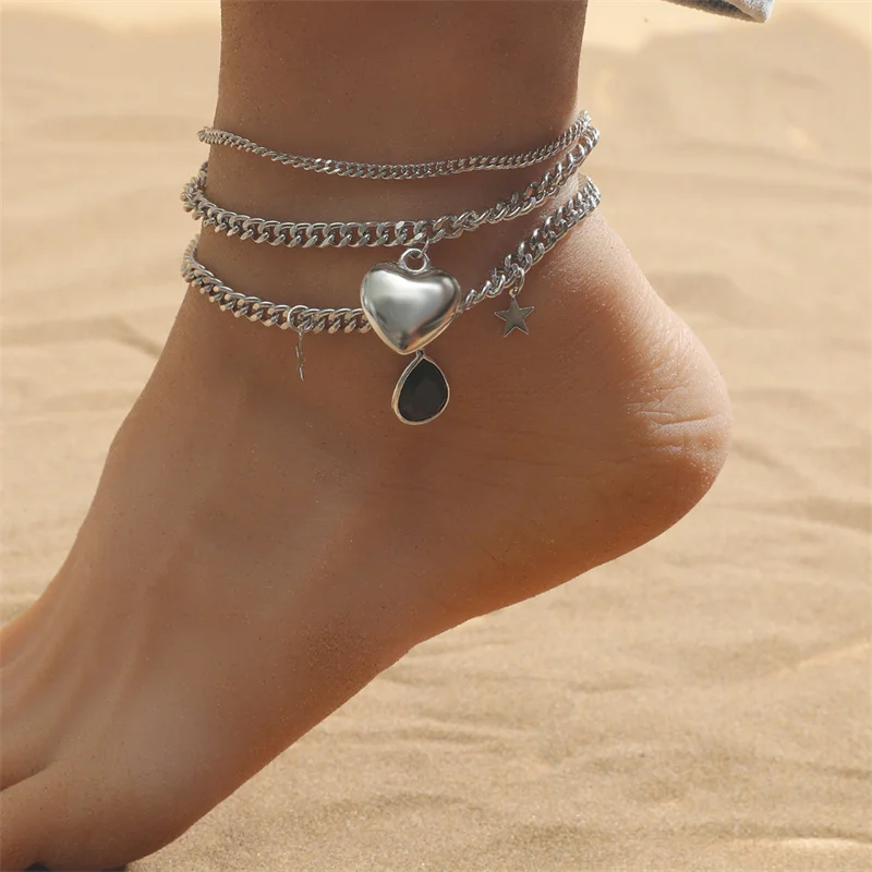 

Bohemia Exquisite Double Love Stars Moon Pendant Anklet Retro Twist Summer Beach Chain Charm Suit Anklets for Women Jewelry