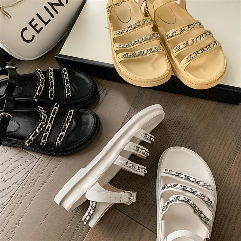 

Meotina Shoes Women Genuine Leather Chain Sandals Flat Buckle Sandals Round Toe Cow Leather Lady Footwear Summer Yellow Fashion