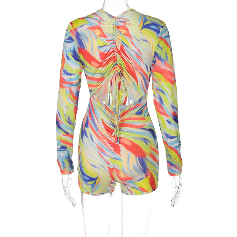 

hirigin Colorful Print Playsuits Long Sleeve Hollow Out Sexy Deep V Neck Drawstring Lace Up Pleated Casual Streetwear Overalls