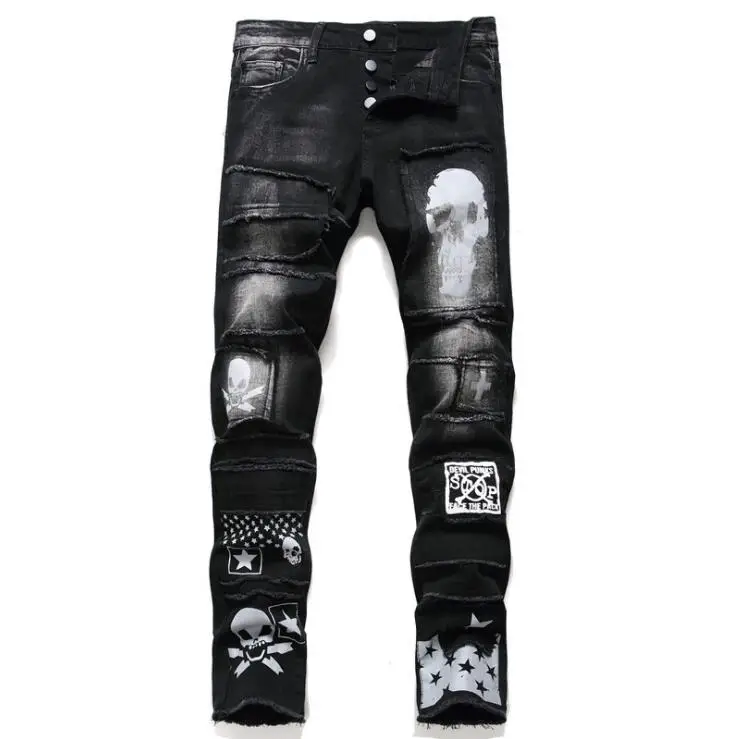 

Hole patch skull print jeans men's trousers Джинсы self-cultivation small feet stretch black New water wash pants