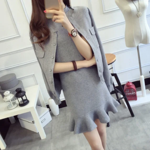 Комплект из 2 предметов зимний Кардиган Топ с длинным рукавом и юбка платья