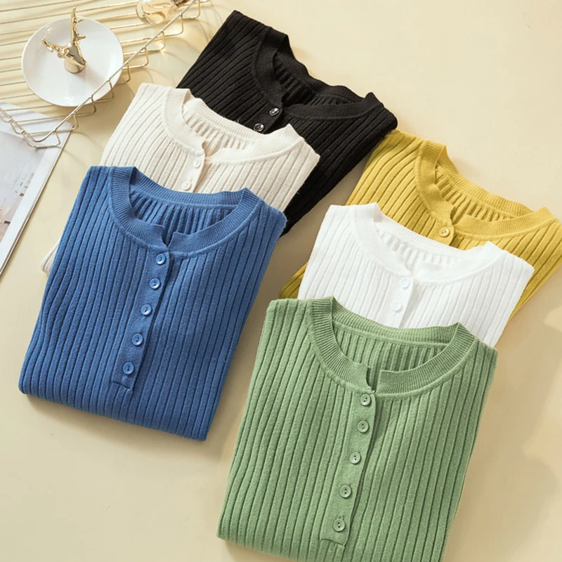 

2021 Button Sweater Women Basic Slim Knitted Pullover Women Sweaters Pullovers Jumper Autumn Winter Korean Style Women Sweater