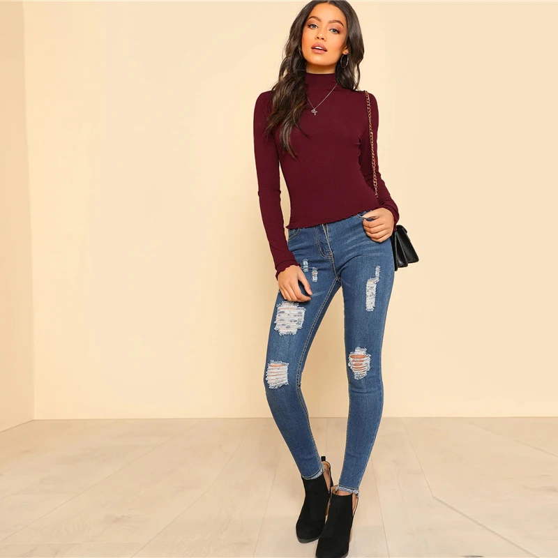 SHEIN Однотонная Водолазка С Высоким Воротником, Топ С Длинными Рукавами