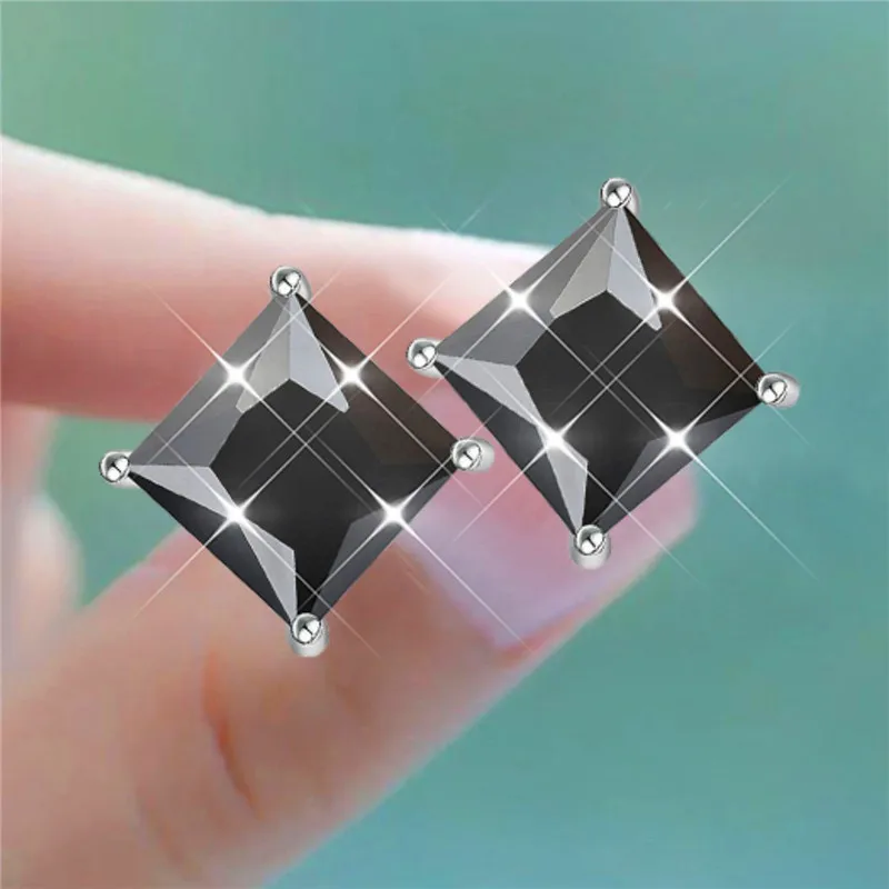 

Cute Female 6mm Black White Blue Earrings Vintage Silver Color Wedding Earrings Crystal Small Square Stud Earrings For Women