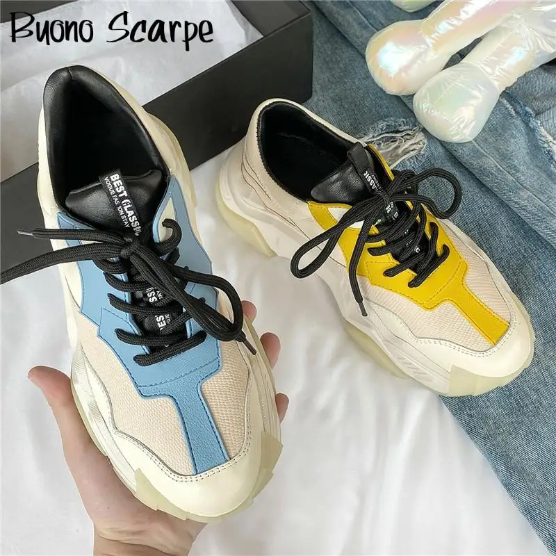 

Genuine Leather Flat Platform Sneakers Women Laces Casual Tenis Shoes Chunky Bottom Designer Dad Shoes Brand Female Sneakers New