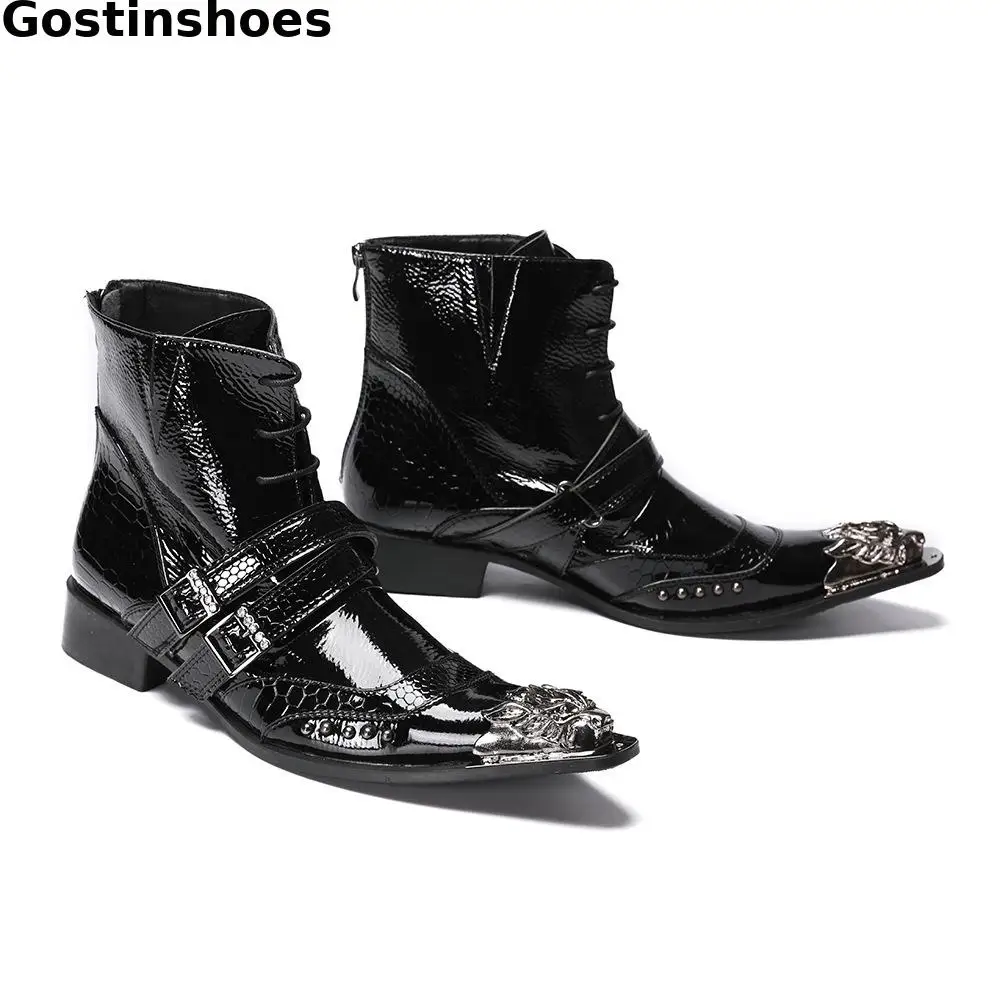 Мужские ботинки с пряжкой на ремешке цвет черный натуральная кожа заостренный