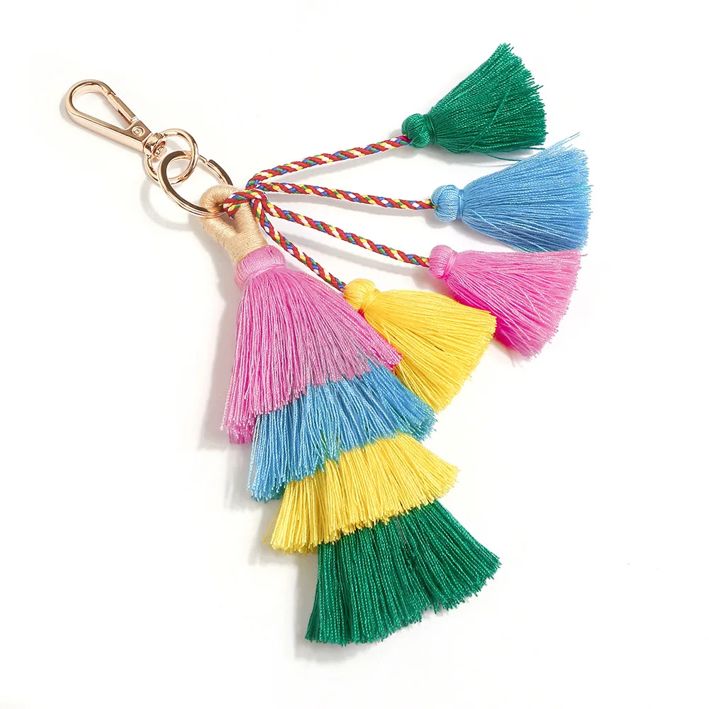 

2020 Fashion Bohemian Style Key Chain Handmade Multi-Layer Green Tassel Keychain Women Bag Or Car Pendant Key Ring Jewelry Gift