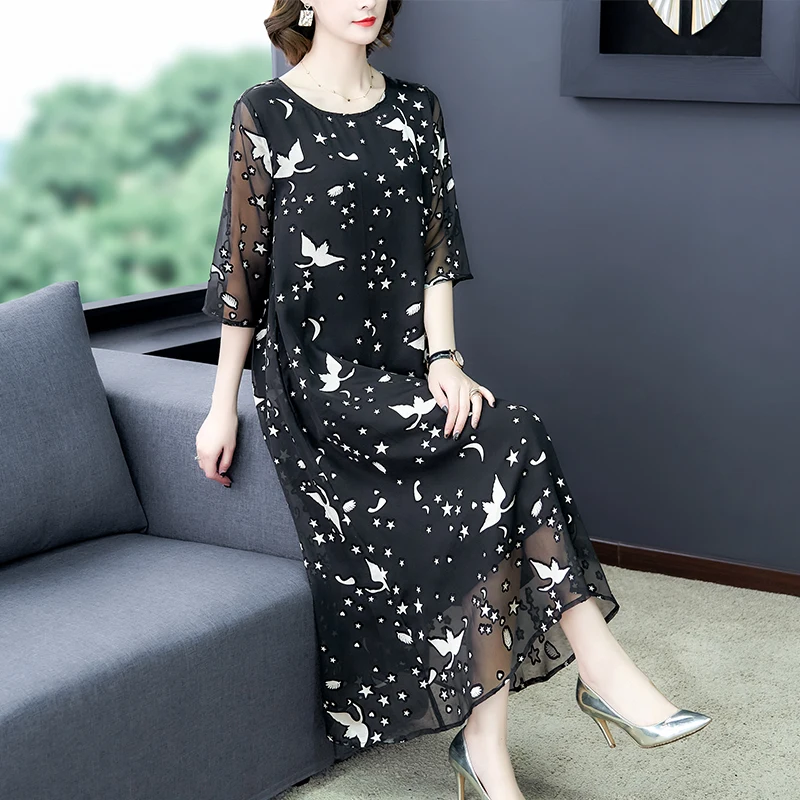 

COIGARSAM Women Dress Autumn 2021 New Brief Office Lady Korea Style Casual Half Sleeve Silk Loose Floral Print Dresses