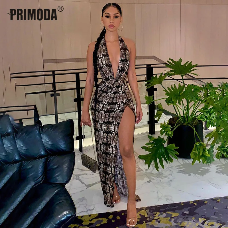 

New Sexy Party Dresses Women Night Club Snake Dress Summer Elegant Deep V Neck Split Backless Print Halter Fashion Mujer PR412M