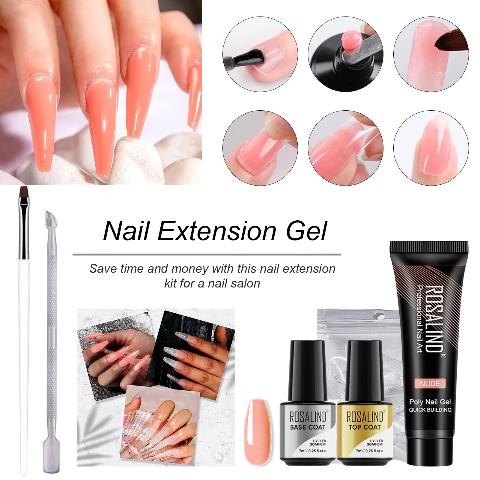 

15ml Nail Extension Gel Kit (Base Coat,top Coat,Cuticle Pusher,Nail Brush,Nail Tip)