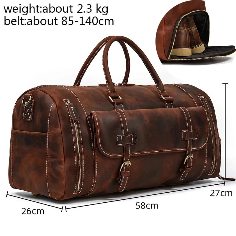 Luufan Leather Men's Travel Bag With Shoe Pocket 20 inch Big Capacity Vintage Crazy Horse Leather Weekend luuage Messenger Bag