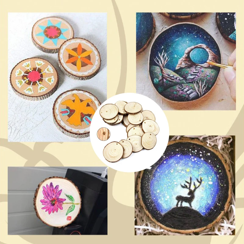 

10pc DIY Handmade Round Shape Wood Piece Hanging Pendant Natural Wooden Ornament