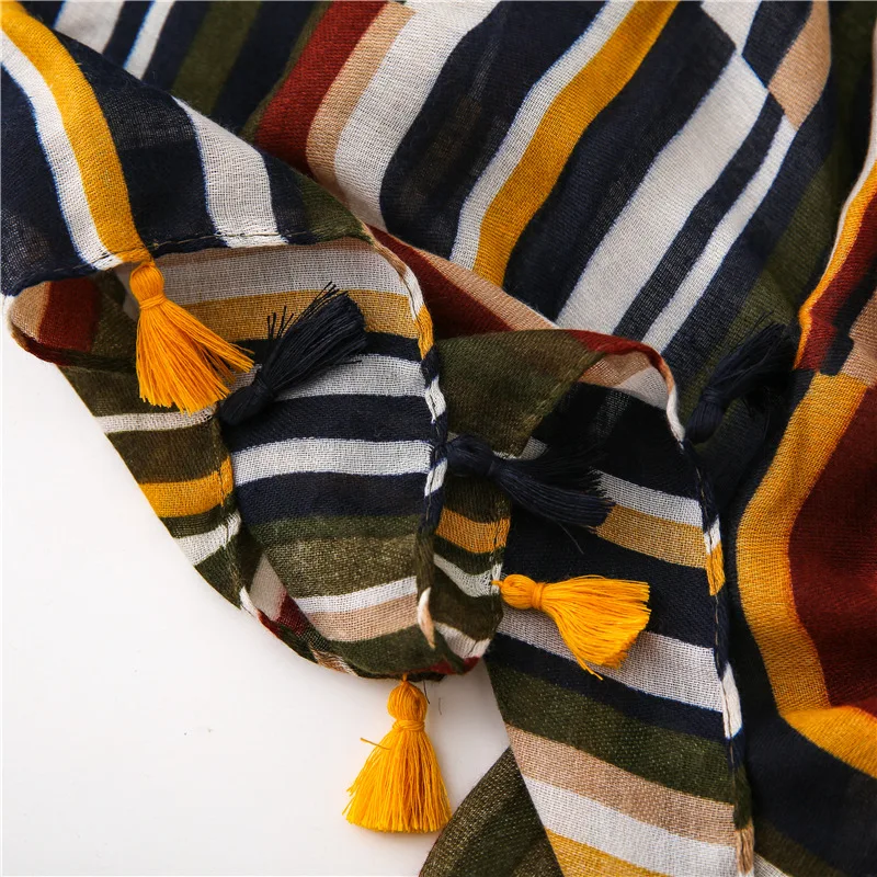 

Women Bright Stripe Hijab Scarf Soft Cotton Head Scarf Travel Large Shawl Wrap [6640]