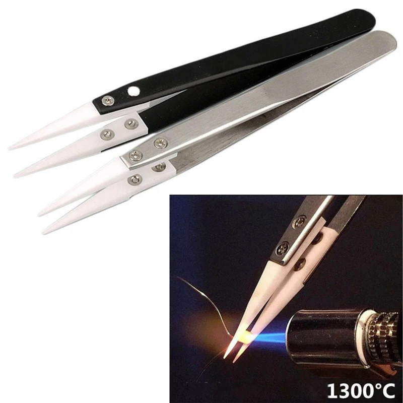 

12.5cm Ceramic Tweezers Straight Aimed Tweezer Hand Tool High Temperature Resistance Stainless Steel Handle Repair Tool