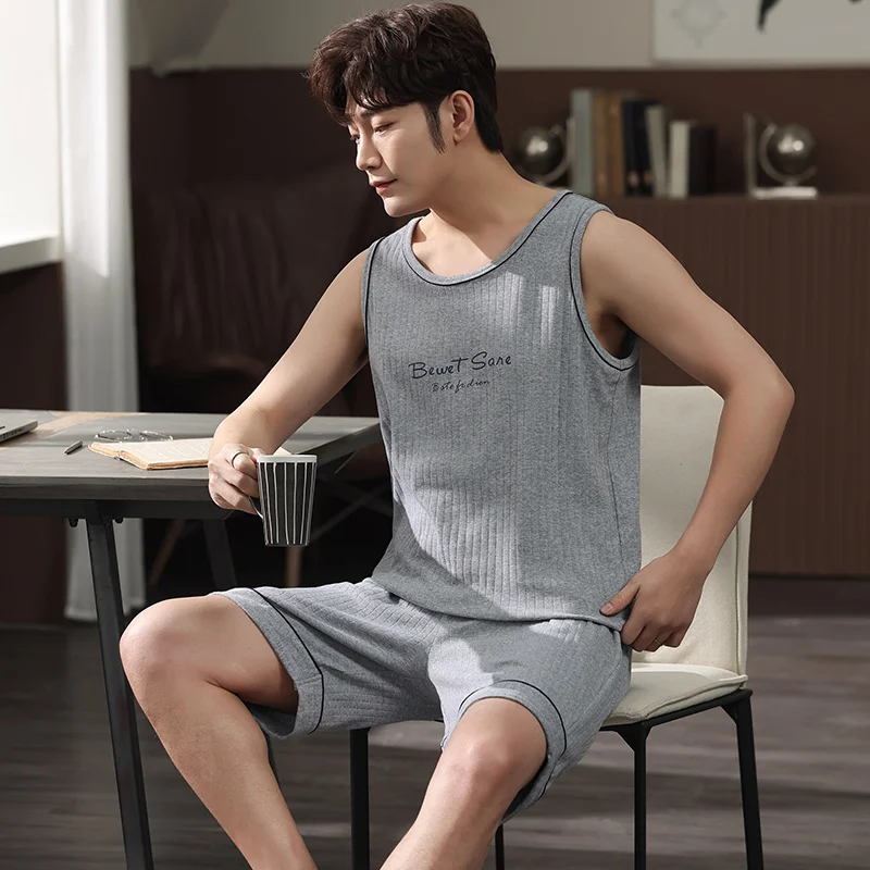 Summer Light Gray Casual Tracksuit Plus Size L-4XL Pajamas Men Letter Print Sleep Vest Shorts Set Mens Sleeveless Pijamas Hombre | Мужская