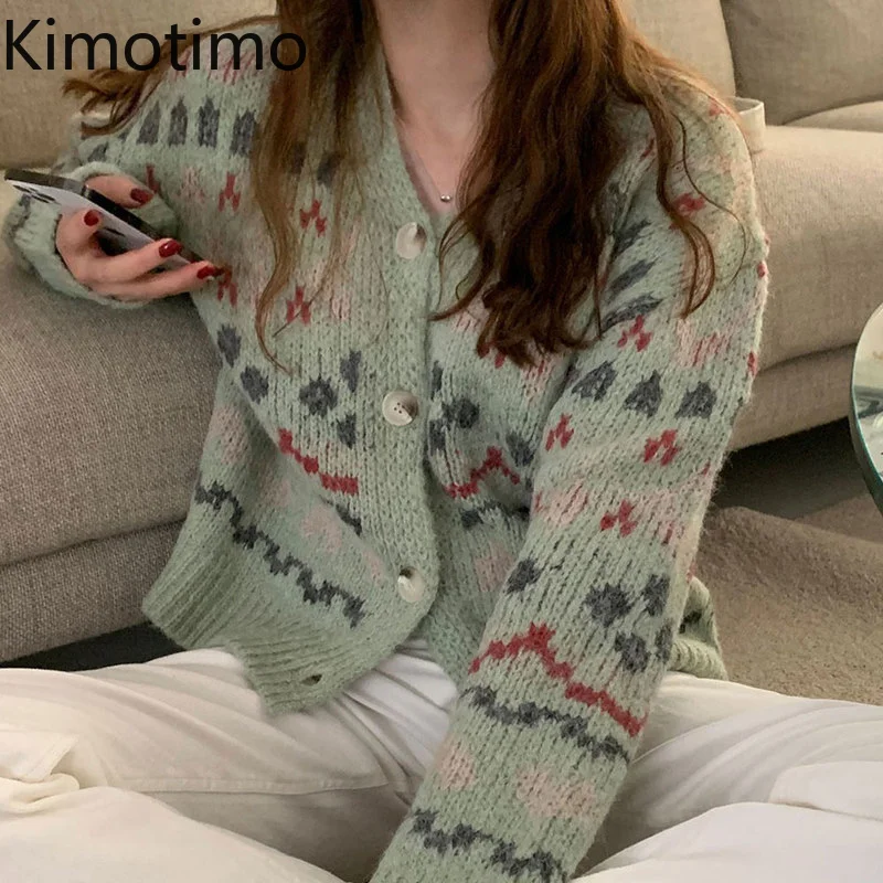 

Женский жаккардовый вязаный кардиган Kimotimo, Осень-зима 2021, контрастный свитер с V-образным вырезом, пальто, корейские шикарные кардиганы с дл...